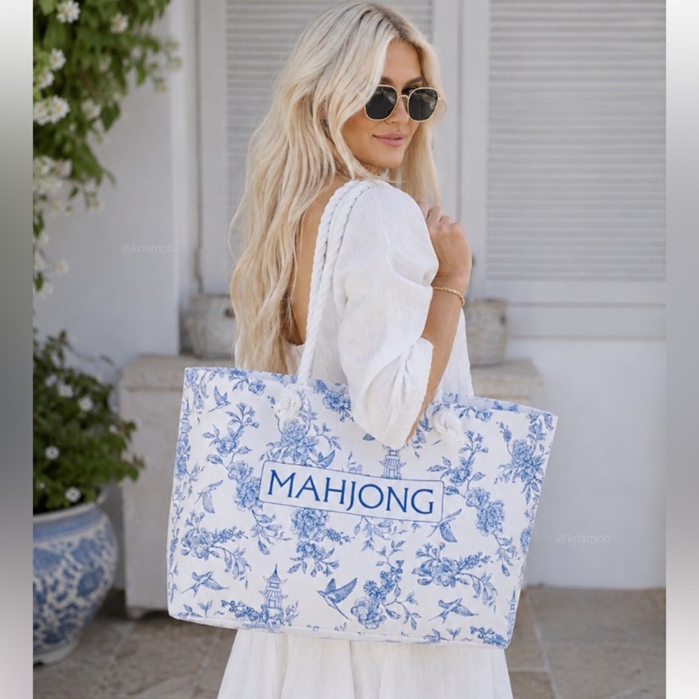 NEW Blue & White Chinoiserie Mahjong Canvas Tote Bag | Rope Handle Carryall